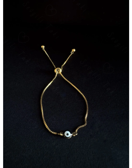 Siyah Nazarlıklı Ayarlanabilir Gold Çelik Bileklik -Sevgili Takı Koleksiyonu