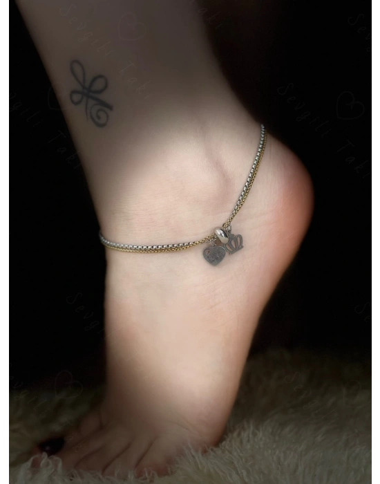 Taç ve Kalp Charmlı İkili (Gold-Silver) Çelik Halhal | Kuzey Serisi