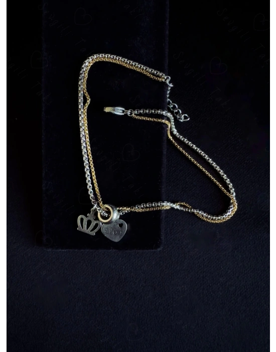 Taç ve Kalp Charmlı İkili (Gold-Silver) Çelik Halhal | Kuzey Serisi