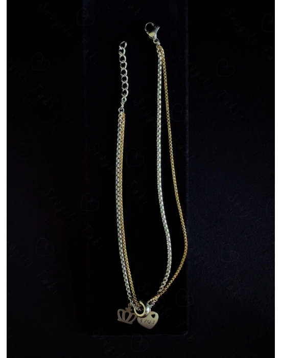 Taç ve Kalp Charmlı İkili (Gold-Silver) Çelik Halhal | Kuzey Serisi