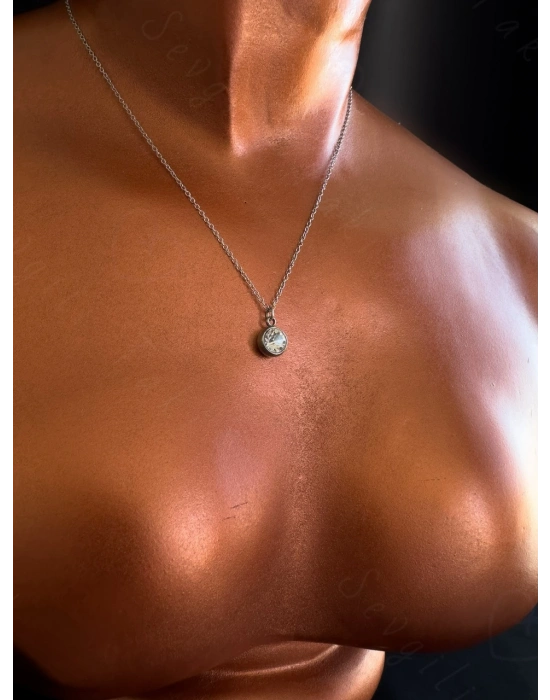 Taş Charmlı Silver Çelik Kolye | Sevgili Takı Koleksiyonu