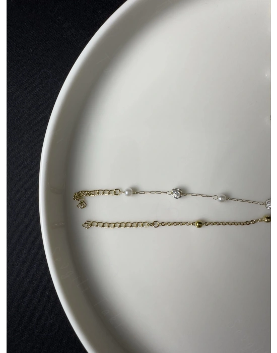 Taş ve Top Zincirli İkili Gold Çelik Bileklik -Glorious Serisi