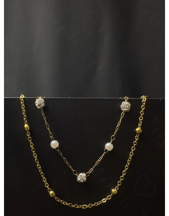 Taş ve Top Zincirli İkili Gold Çelik Bileklik -Glorious Serisi