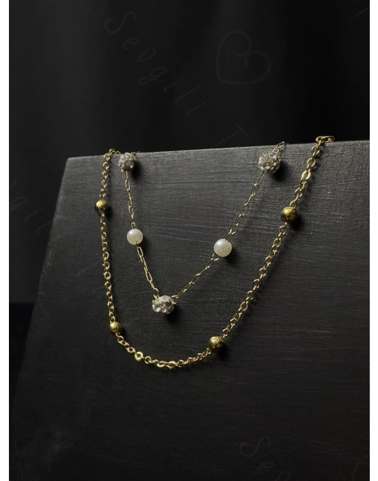 Taş ve Top Zincirli İkili Gold Çelik Bileklik -Glorious Serisi