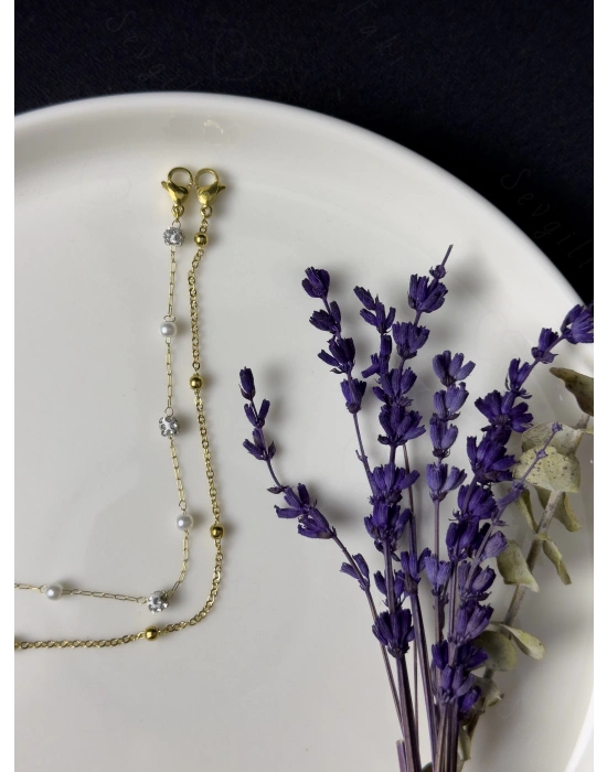 Taş ve Top Zincirli İkili Gold Çelik Bileklik -Glorious Serisi