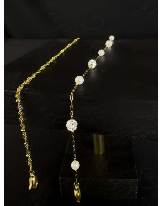 Toplu Burgu Taşlı Zincir Model Gold Çelik Halhal | Karma Serisi