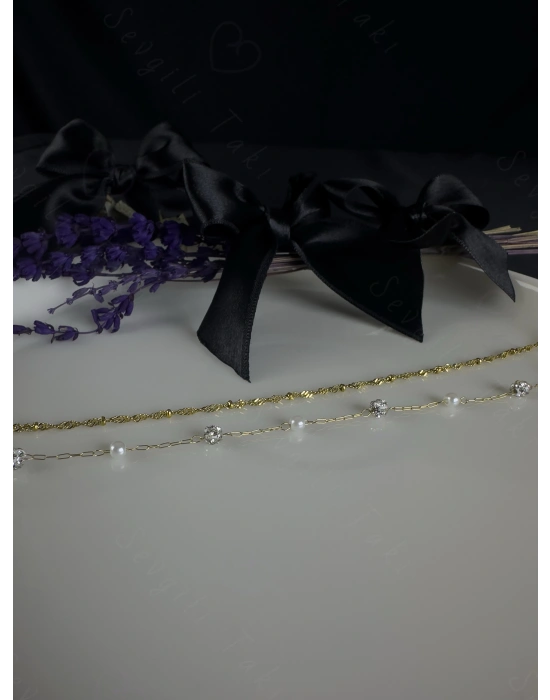 Toplu Burgu Taşlı Zincir Model Gold Çelik Halhal | Karma Serisi