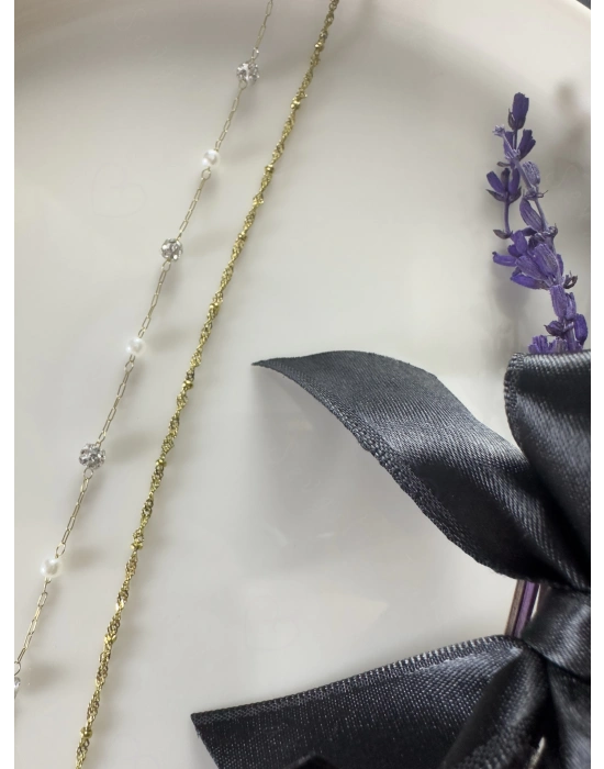 Toplu Burgu Taşlı Zincir Model Gold Çelik Halhal | Karma Serisi