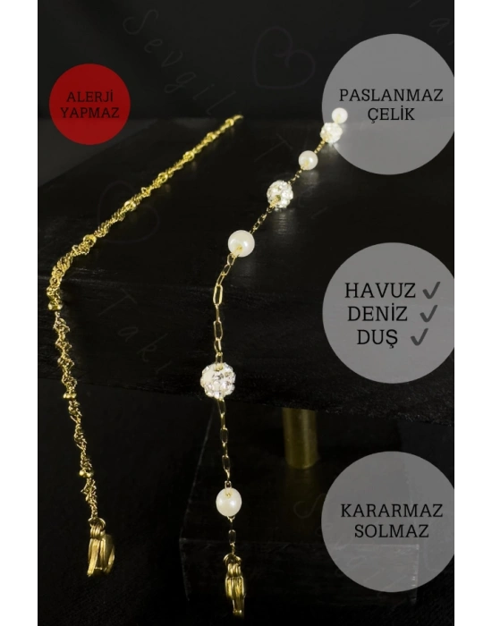 Toplu Burgu Taşlı Zincir Model Gold Çelik Halhal | Karma Serisi