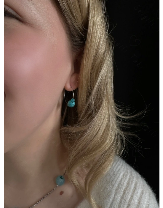 Turkuaz ve Akik Doğal Taşlı Çelik Küpe -Sevgili Takı Koleksiyonu