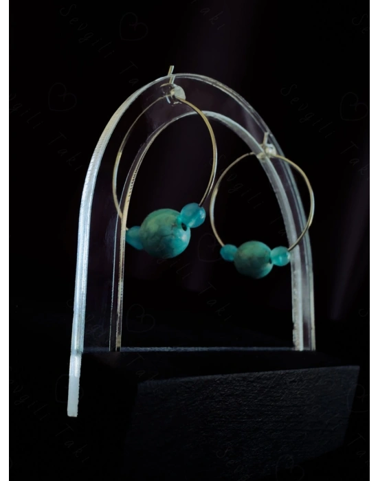 Turkuaz ve Akik Doğal Taşlı Çelik Küpe -Sevgili Takı Koleksiyonu