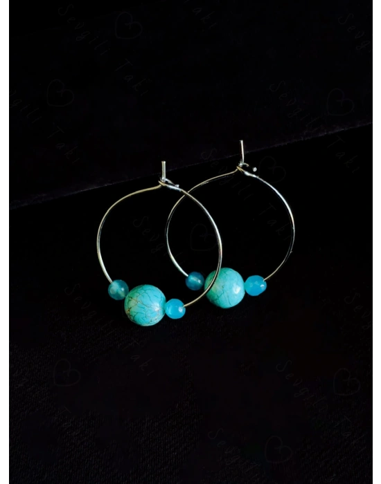 Turkuaz ve Akik Doğal Taşlı Çelik Küpe -Sevgili Takı Koleksiyonu