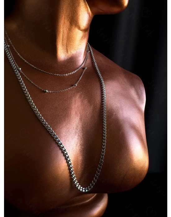 Üç Zincirli Çelik Kolye | Sevgili Takı Koleksiyonu