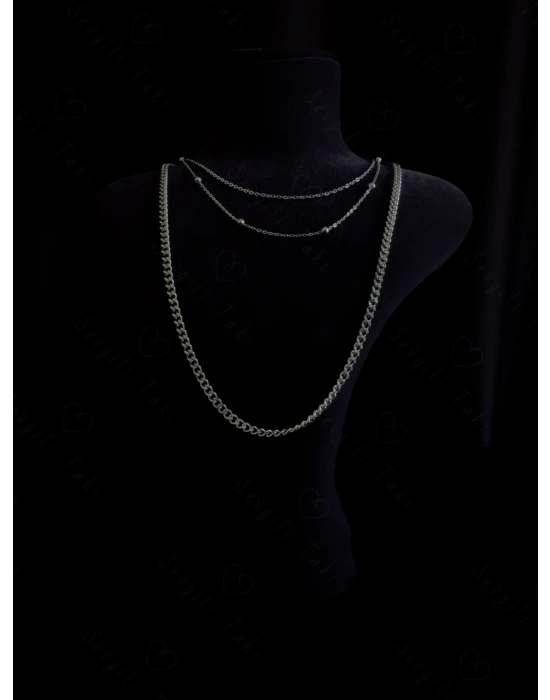 Üç Zincirli Çelik Kolye | Sevgili Takı Koleksiyonu