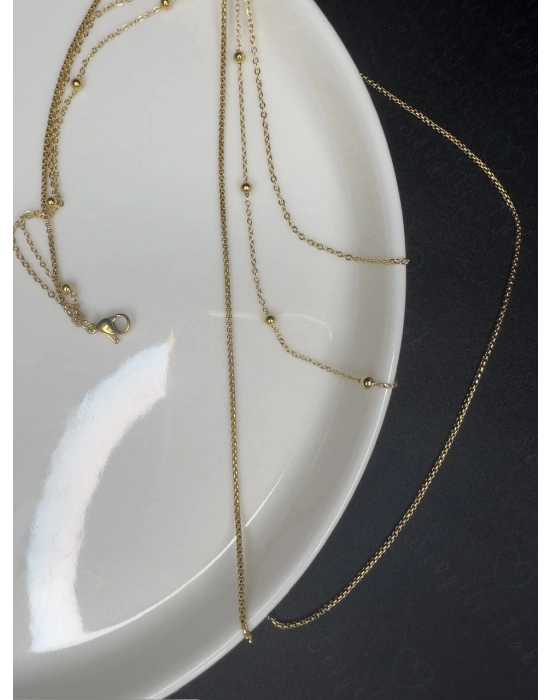 Üç Zincirli Gold Çelik Kolye -Sevgili Takı Koleksiyonu