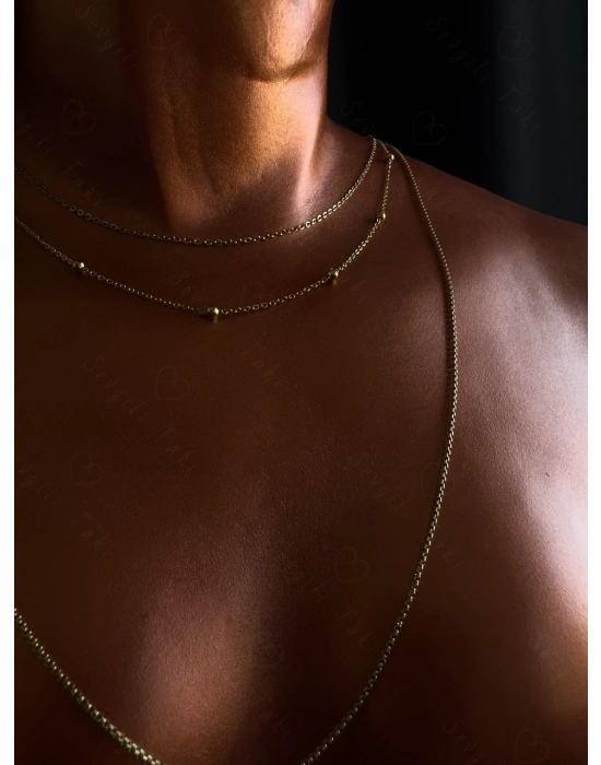 Üç Zincirli Gold Çelik Kolye -Sevgili Takı Koleksiyonu