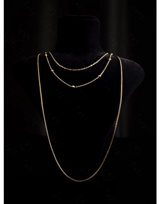 Üç Zincirli Gold Çelik Kolye -Sevgili Takı Koleksiyonu