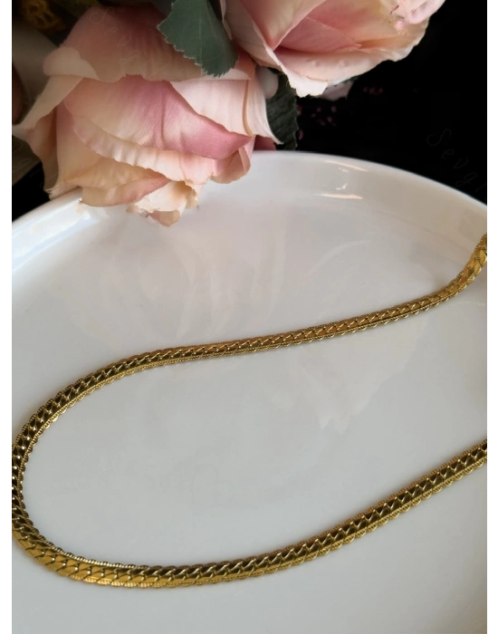 Yassı Model Snake Yılan Gold Çelik Zincir Kolye | 1+ Serisi