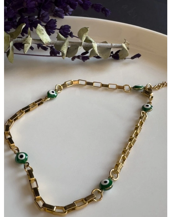 Yeşil Nazar Boncuklu Gold Çelik Halhal | Allure Serisi