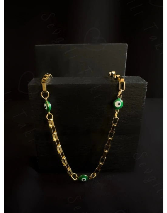 Yeşil Nazar Boncuklu Gold Çelik Halhal | Allure Serisi