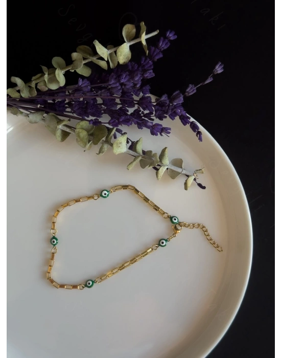 Yeşil Nazar Boncuklu Gold Çelik Halhal | Allure Serisi