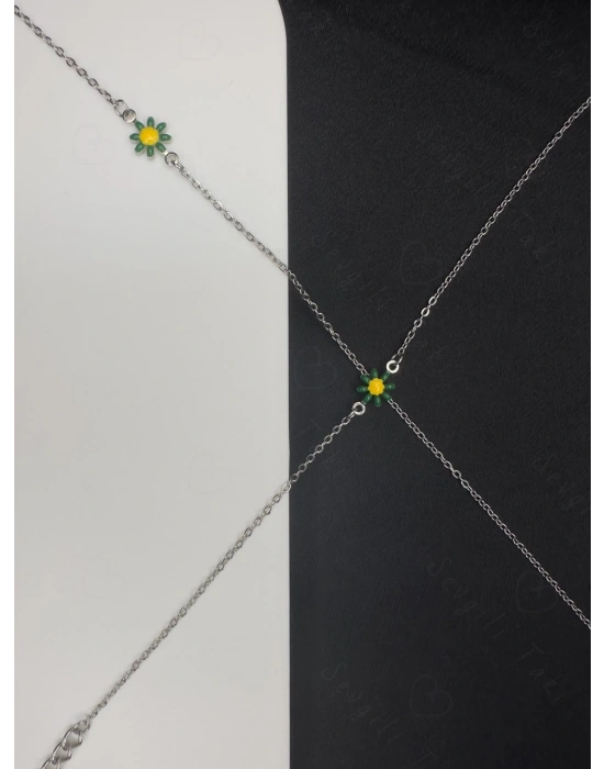 Yeşil Papatya Charmlı Çelik Kolye ve Bileklik Takımı | Nehir Serisi