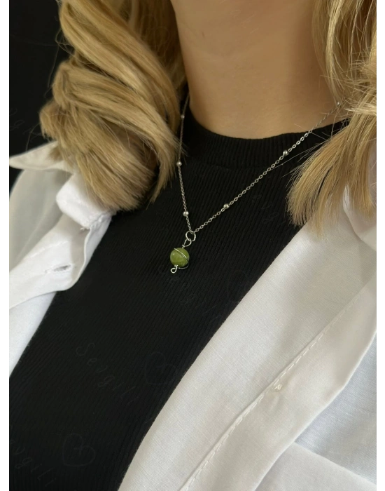 Yeşim Doğal Taşlı Çelik Kolye -Gezegen Serisi