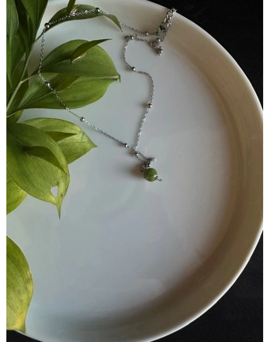 Yeşim Doğal Taşlı Çelik Kolye -Gezegen Serisi