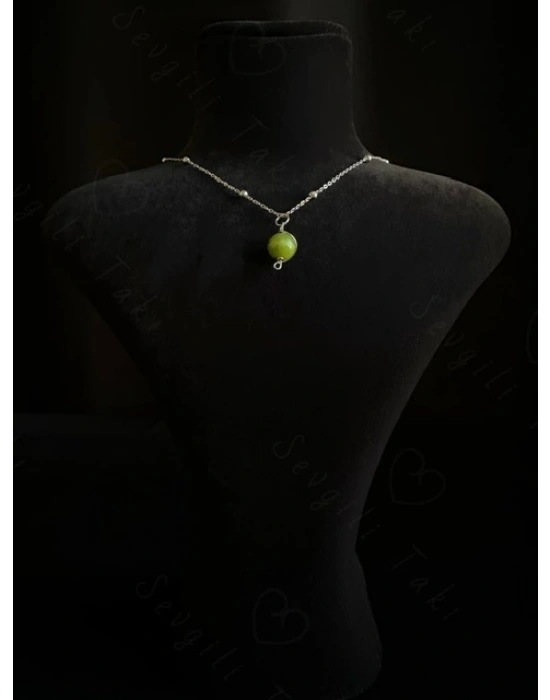 Yeşim Doğal Taşlı Çelik Kolye -Gezegen Serisi