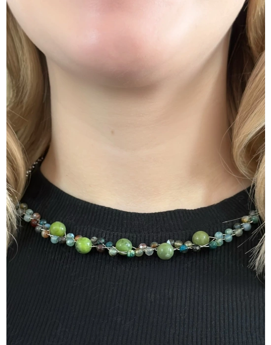 Yeşim ve Akik Doğal Taşlı Örgülü Çelik Kolye | Sonbahar Serisi