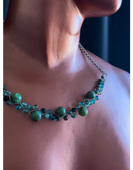 Yeşim ve Akik Doğal Taşlı Örgülü Çelik Kolye | Sonbahar Serisi