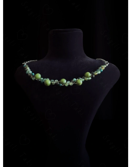 Yeşim ve Akik Doğal Taşlı Örgülü Çelik Kolye | Sonbahar Serisi