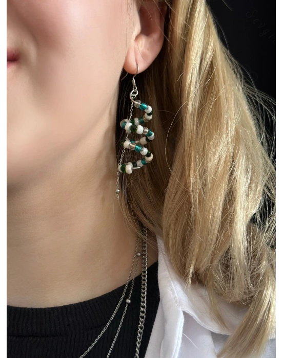 Zincir Sallantılı Boncuklu Çelik Küpe -Sonbahar Serisi