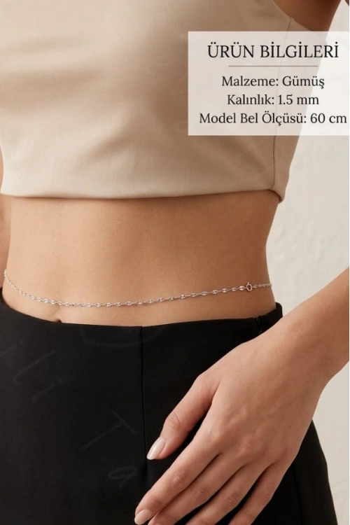 60cm | Silver Lip (Dudak) Zincirli Çelik Bel Takısı | Glorius Serisi