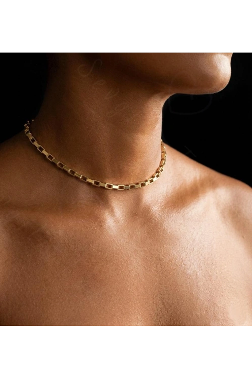 Dikdörtgen Zincirli Gold Choker Çelik Kolye | Choker Serisi