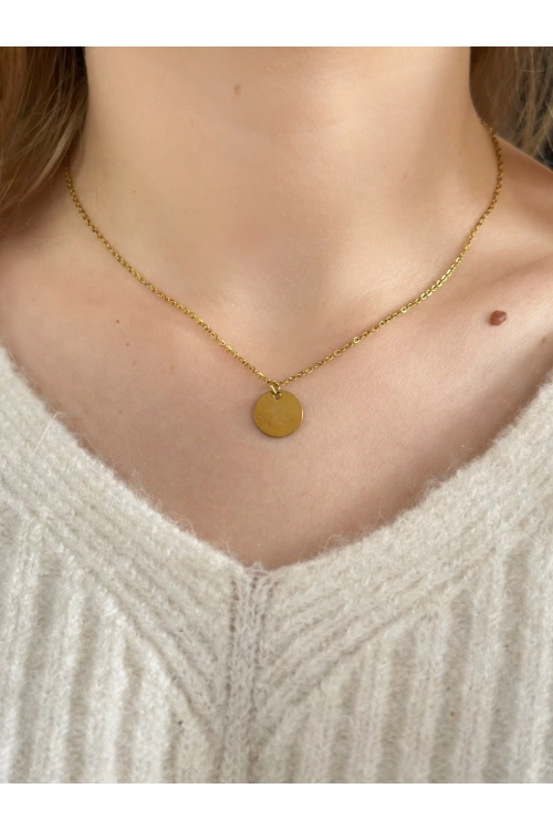 Oval Charmlı Gold Çelik Kolye -Karma Serisi