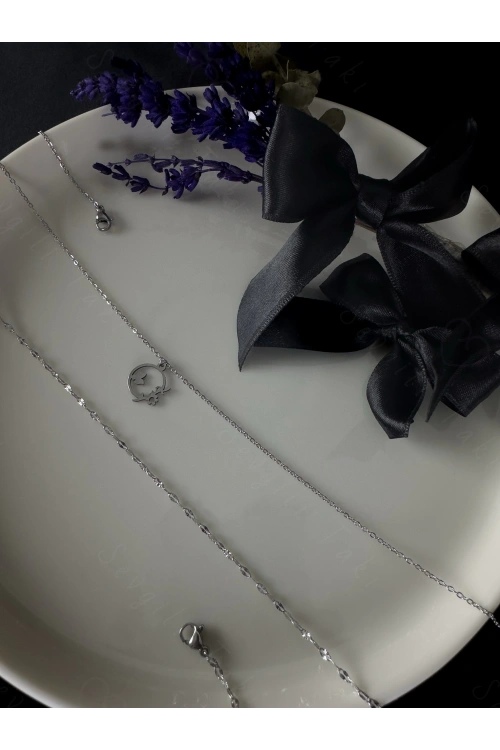 Lip(Dudak) Zincirli Çiçek Motifli Çelik Kolye | Sevgili Takı Koleksiyonu