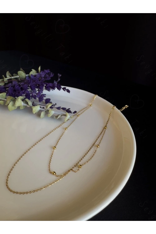 İkili Gold Zincir Choker Çelik Kolye -Vega Serisi
