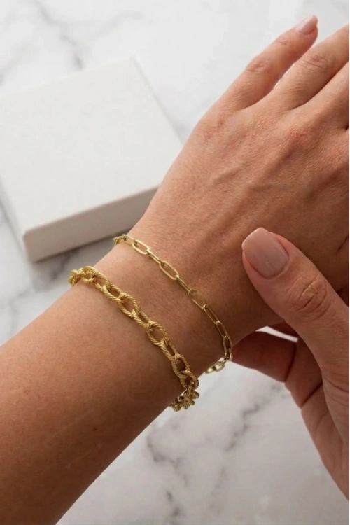 İkili Paperclip (Ataş) Gold Çelik Zincir Bileklik | MeToo Serisi