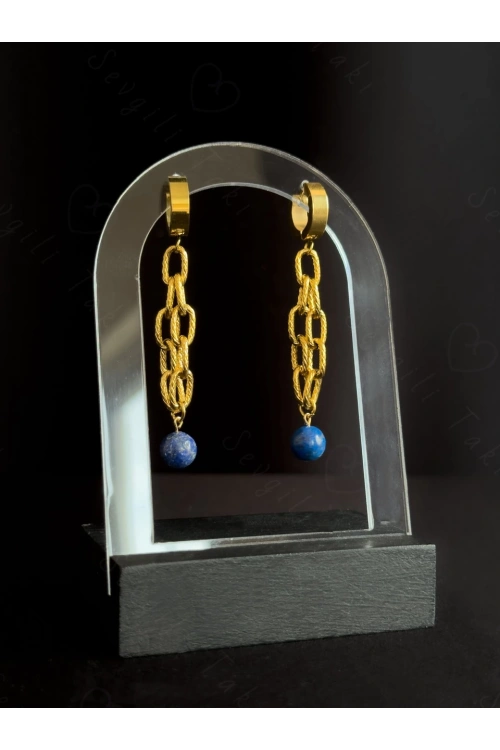 Lapis Lazuli Doğal Taşlı Gold Çelik Küpe | Sevgili Takı Koleksiyonu