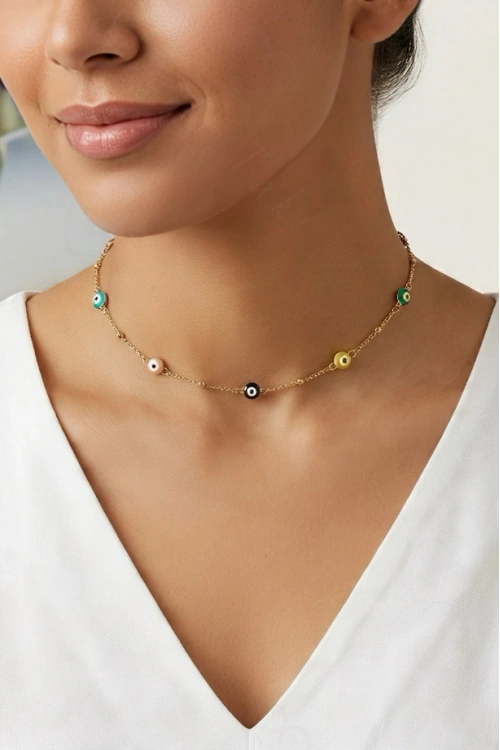 Nazar Boncuklu Choker Gold Çelik Kolye -Sevgili Takı Koleksiyonu