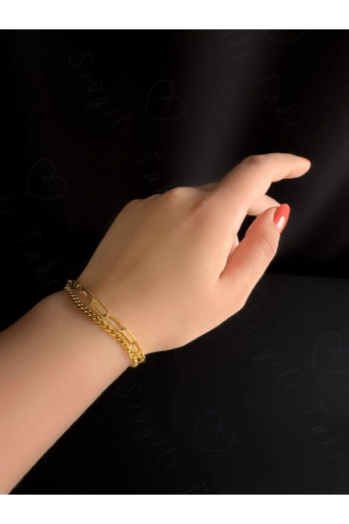 Paperclip -Gurmet Model İki Zincirli Gold Çelik Bileklik | Sevgili Takı Koleksiyonu