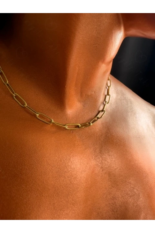 Paperclip Kabartma Choker Gold Çelik Zincir Kolye | Choker Serisi