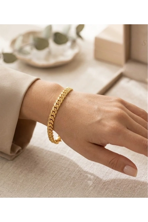 Yassı Model Snake Yılan Gold Çelik Zincir Bileklik | MeToo Serisi