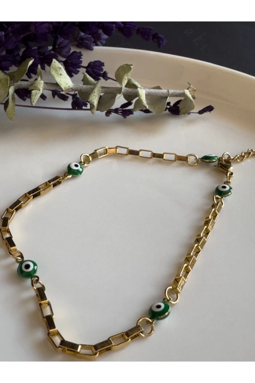 Yeşil Nazar Boncuklu Gold Çelik Halhal | Allure Serisi