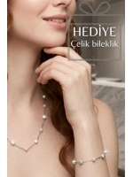 Parlak Taşlı Tasarım Silver Çelik Zincir Kolye (Bileklik Hediyeli) | Glorious Serisi