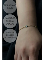 Siyah Nazarlıklı Ayarlanabilir Gold Çelik Bileklik -Sevgili Takı Koleksiyonu