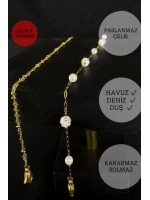 Toplu Burgu Taşlı Zincir Model Gold Çelik Halhal | Karma Serisi