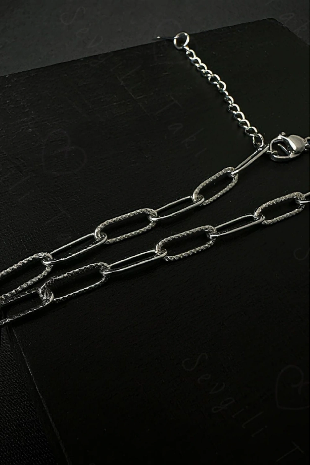 Parlak Kabartmalı Paperclip (Ataş) Zincir Silver Renk Çelik Halhal | Sevgili Takı Koleksiyonu