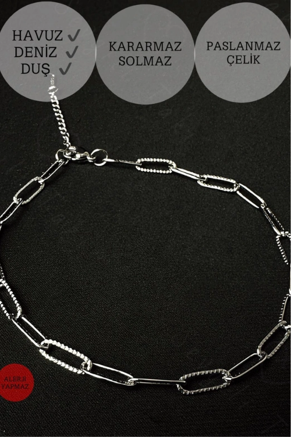 Parlak Kabartmalı Paperclip (Ataş) Zincir Silver Renk Çelik Halhal | Sevgili Takı Koleksiyonu
